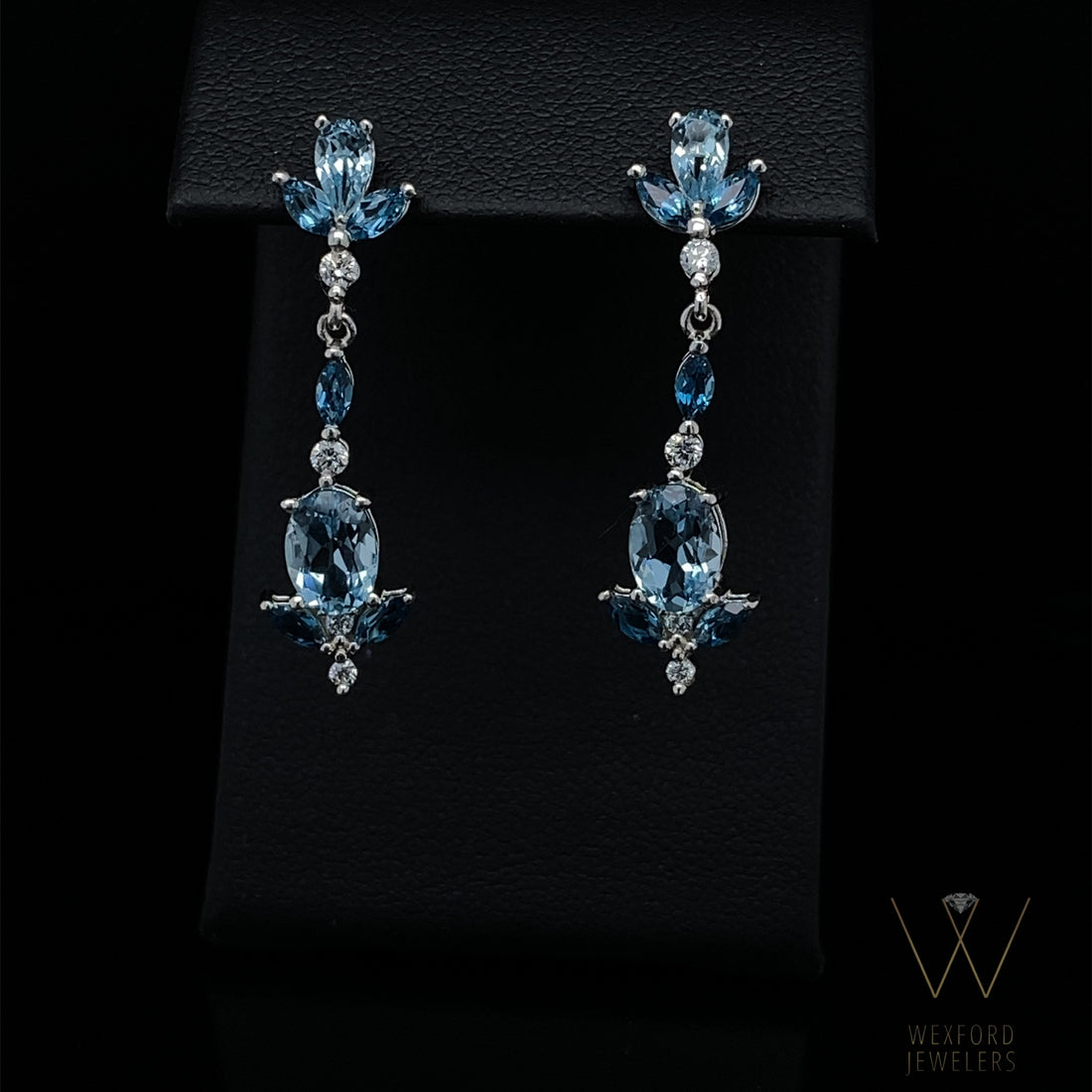 Multi Gem Blue Topaz & Diamond Dangle Silver Chandelier Earrings