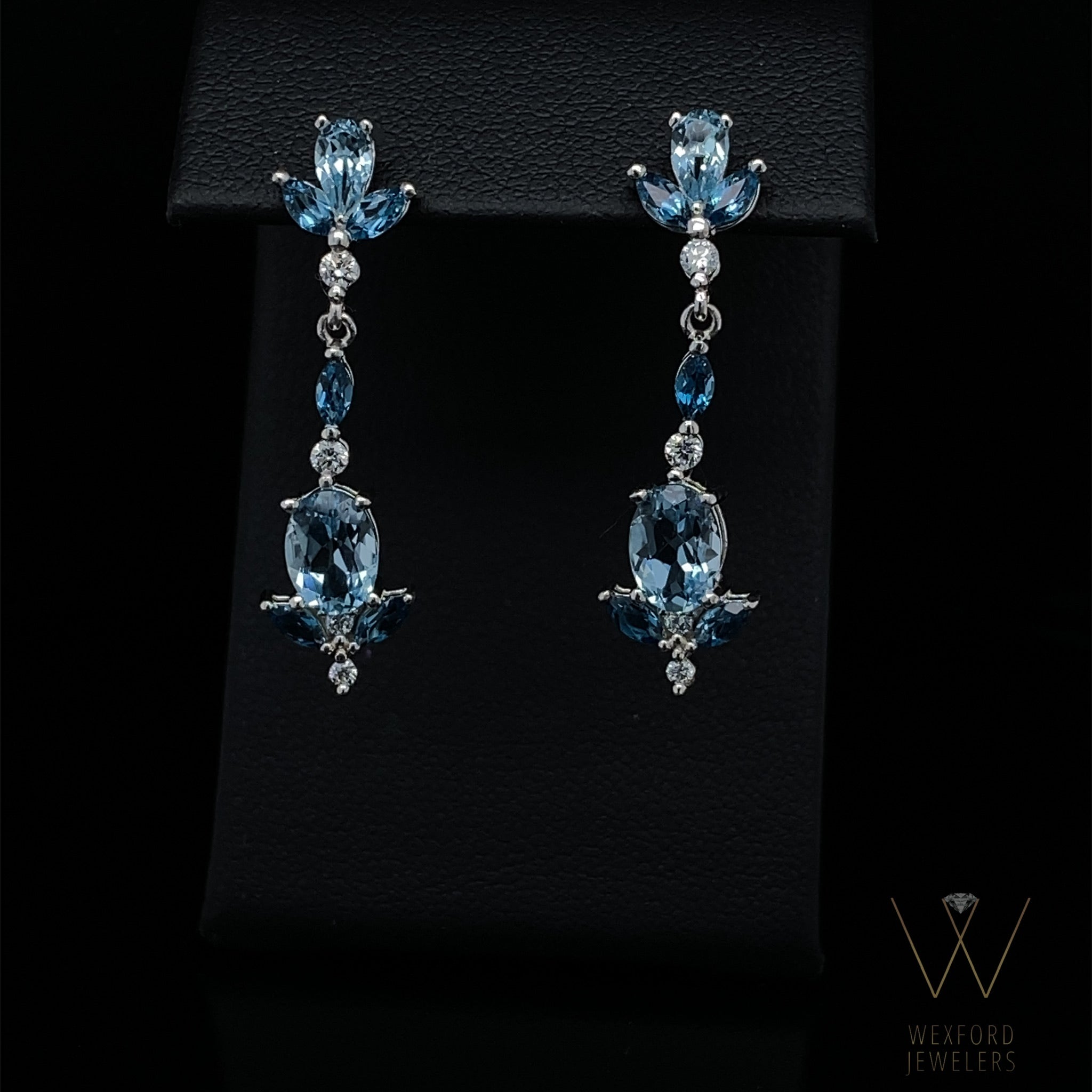 Multi Gem Blue Topaz &amp; Diamond Dangle Silver Chandelier Earrings