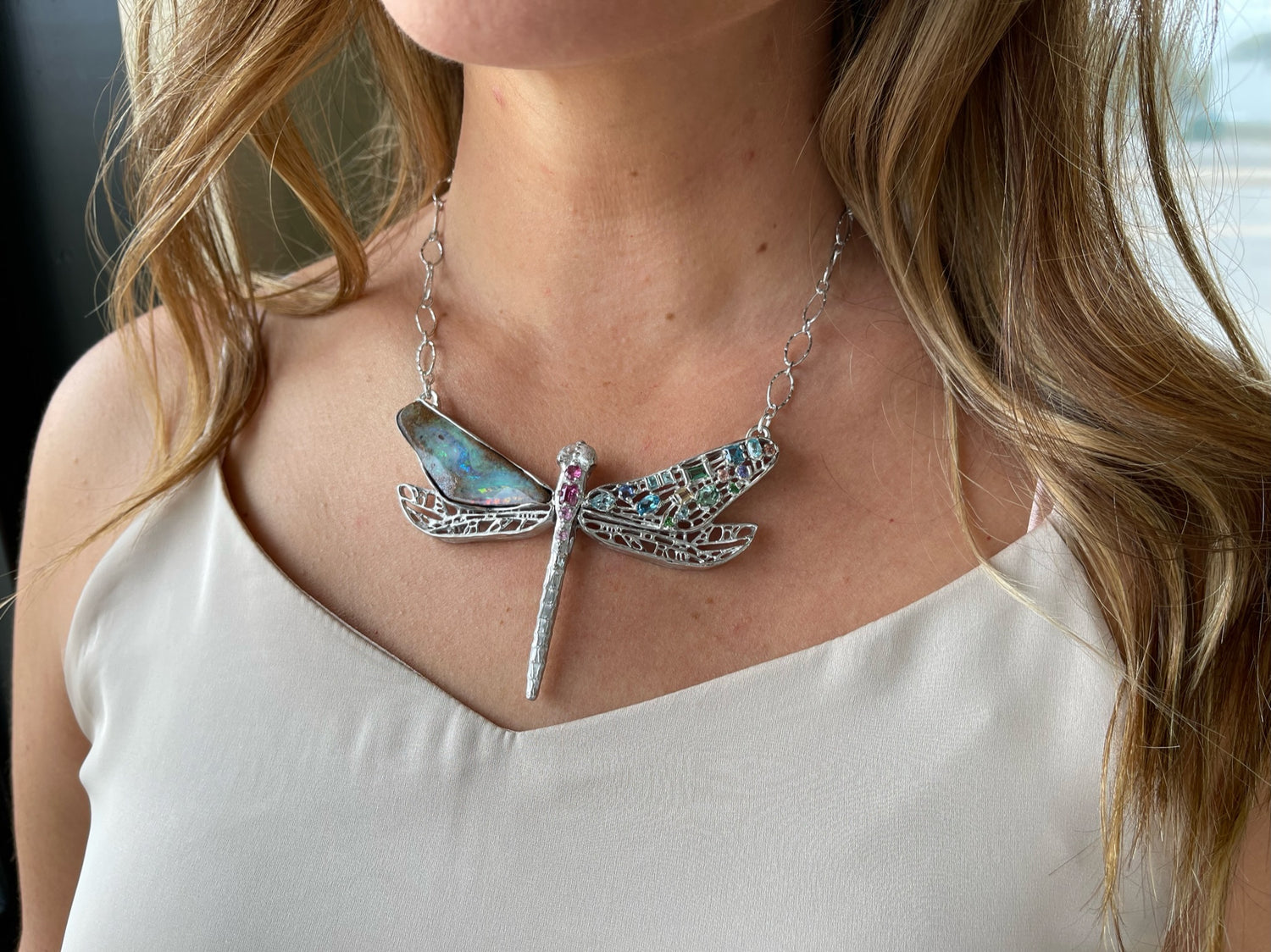 Gem and Opal Wings Dragonfly Necklace