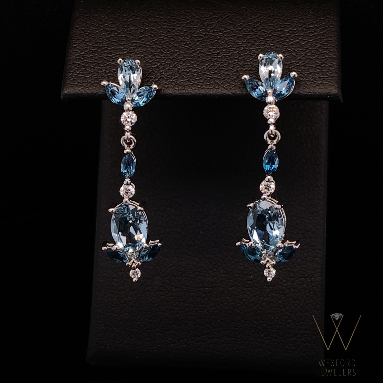 Multi Gem Blue Topaz &amp; Diamond Dangle Silver Chandelier Earrings