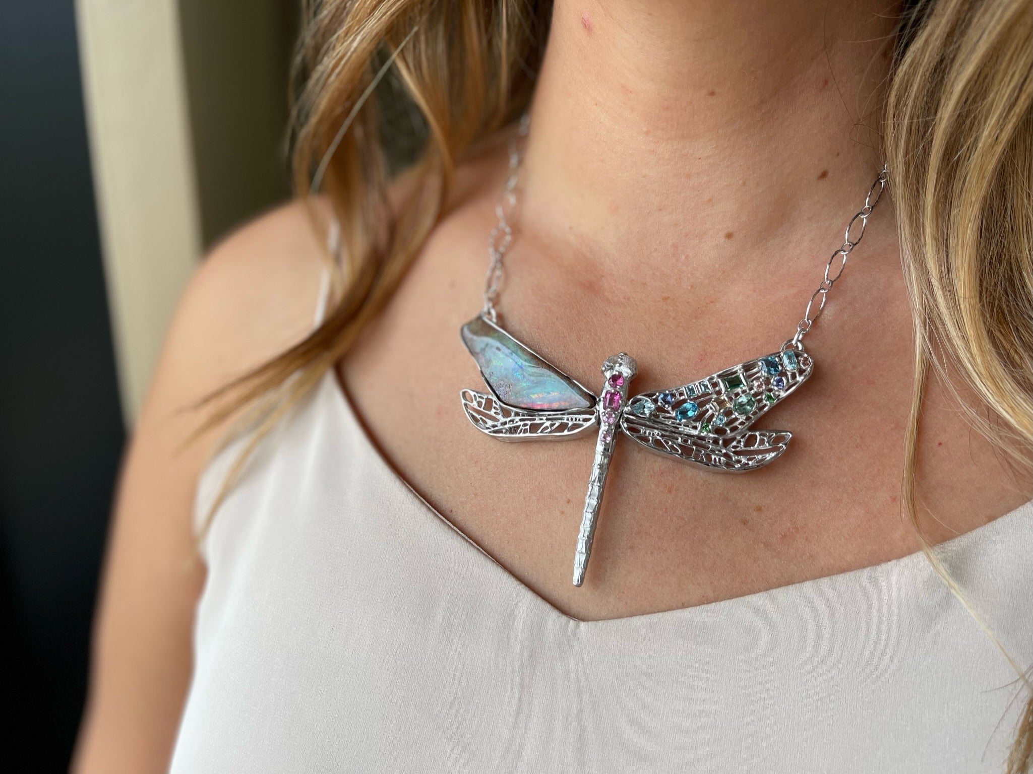 Gem and Opal Wings Dragonfly Necklace