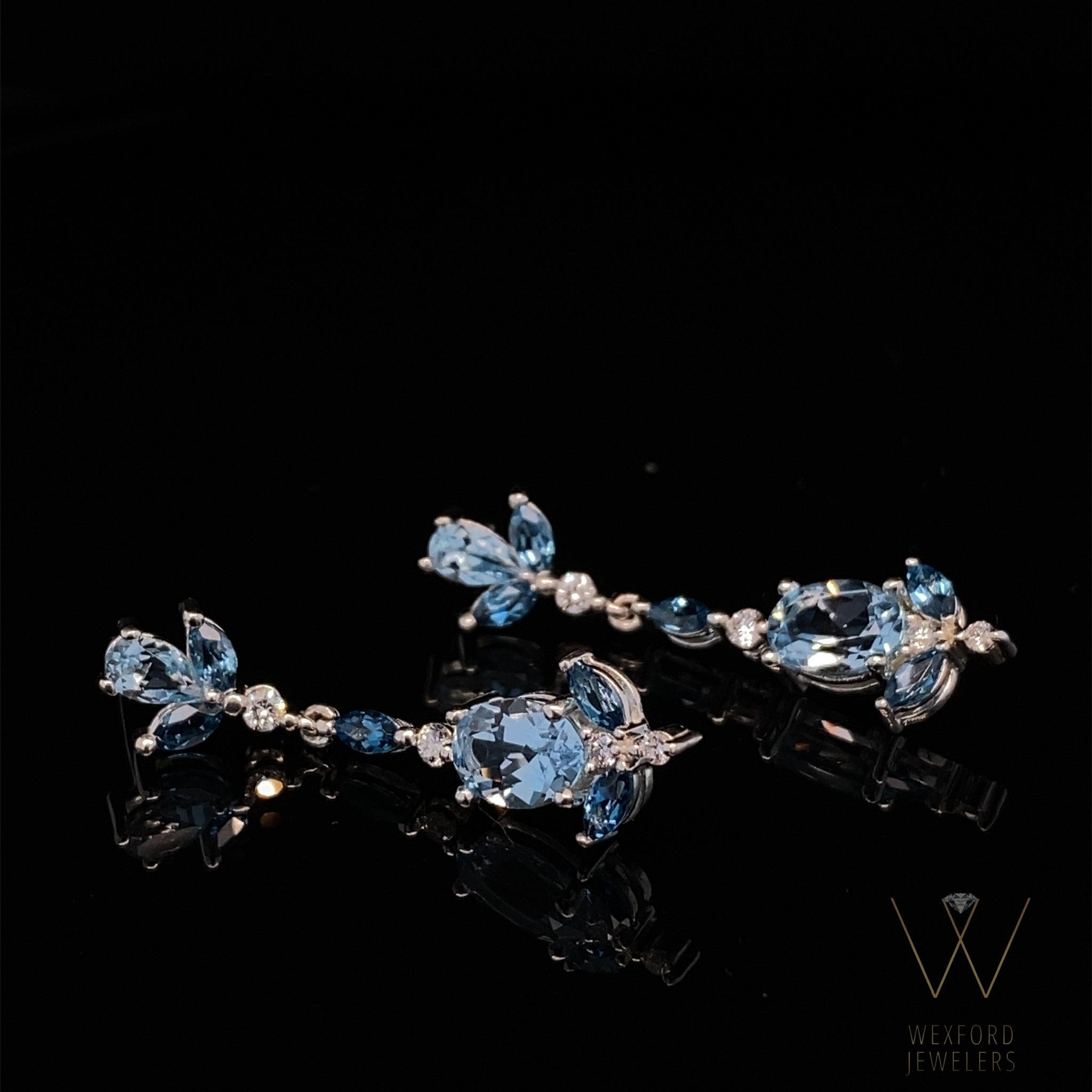 Multi Gem Blue Topaz &amp; Diamond Dangle Silver Chandelier Earrings