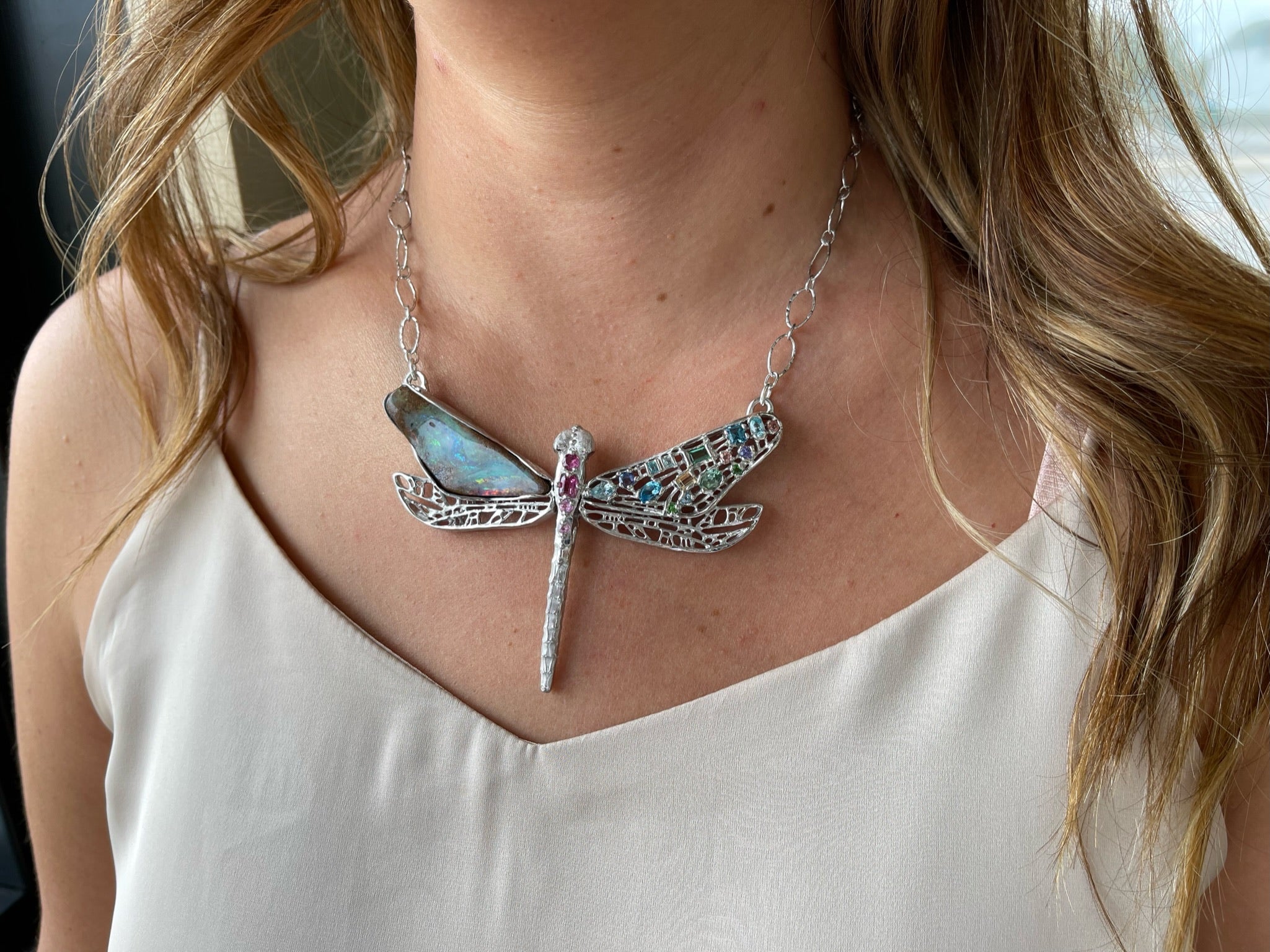 Gem and Opal Wings Dragonfly Necklace