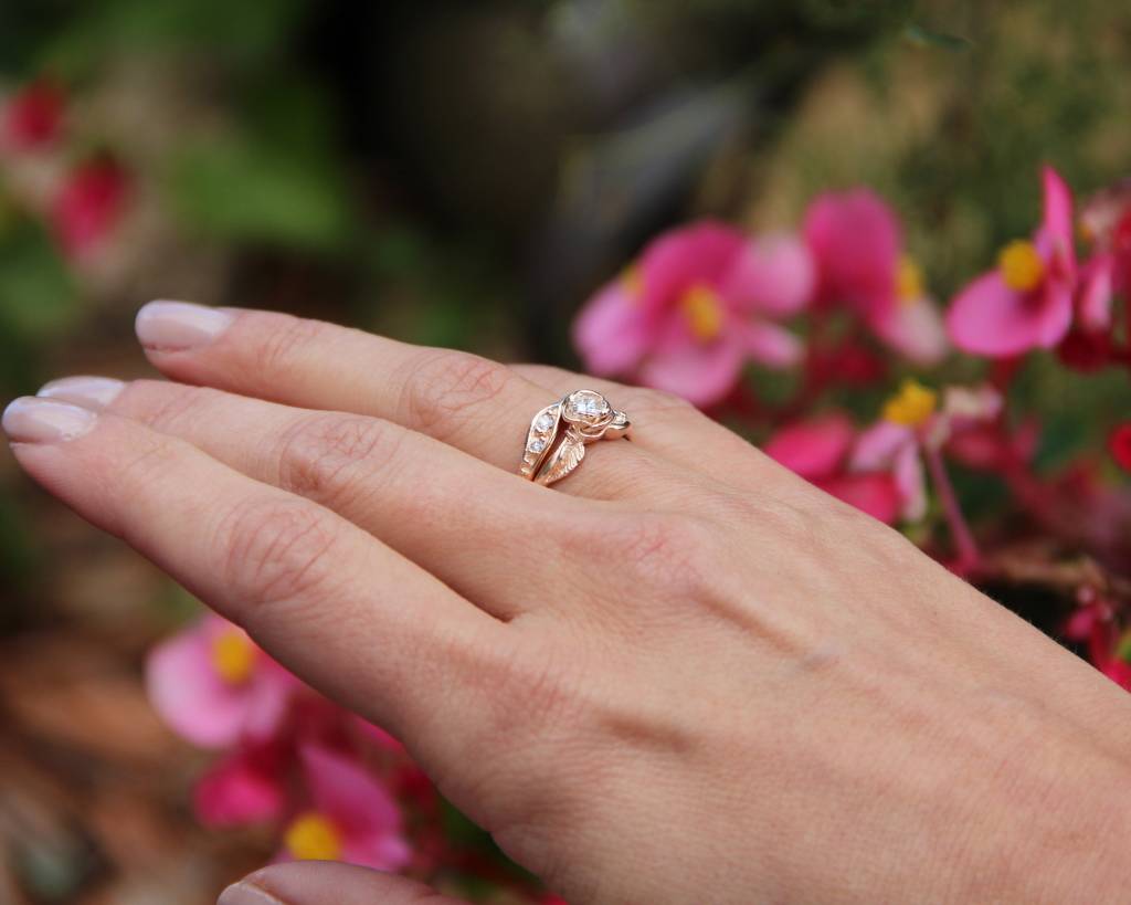 Diamond Yellow Gold Wedding Ring Set, Prize Tea Rose