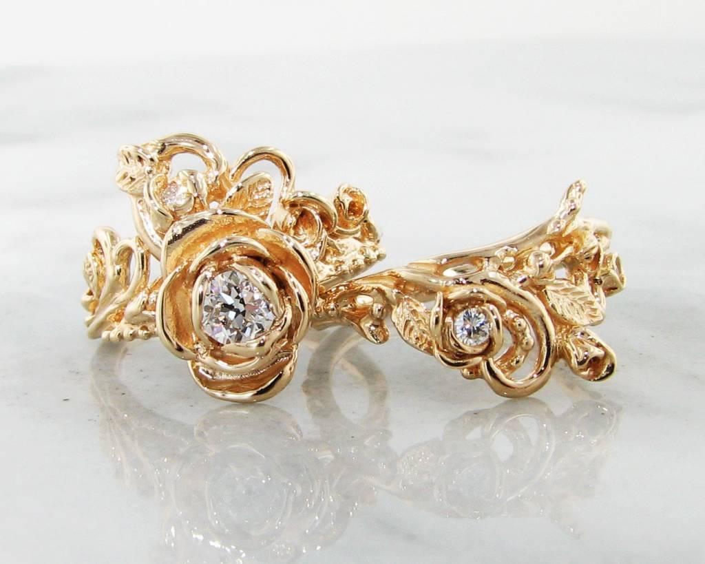 Diamond Yellow Gold Wedding Set, Jane Rose Ring