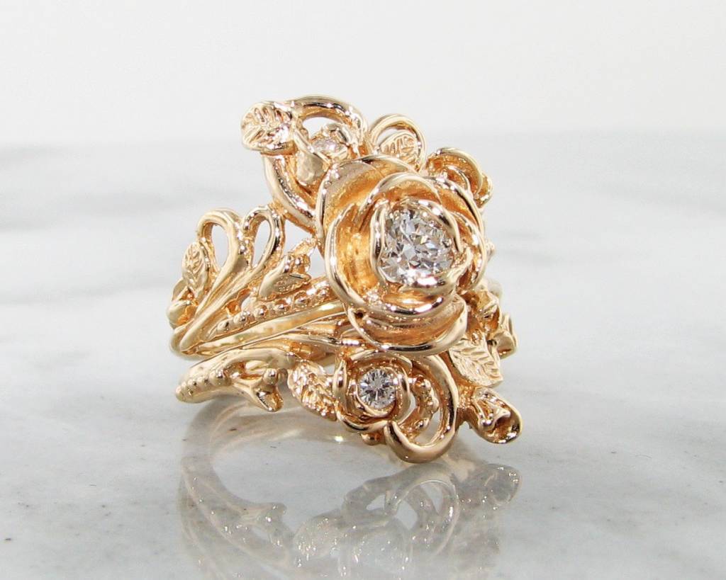 Diamond Yellow Gold Wedding Set, Jane Rose Ring