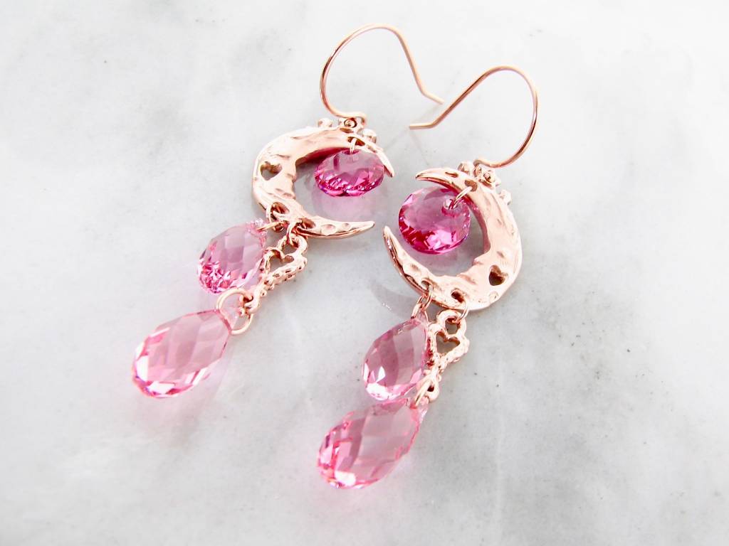 Rose Gold Crystal Dangle Earrings, Pink Moon