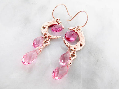 Rose Gold Crystal Dangle Earrings, Pink Moon