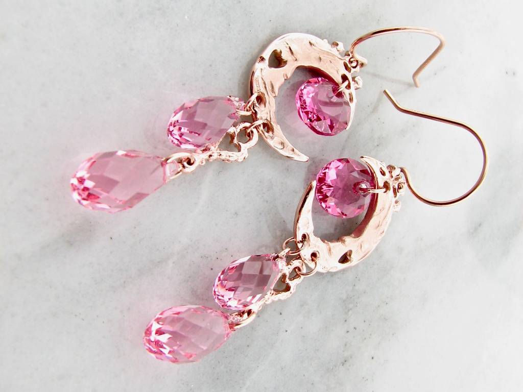 Rose Gold Crystal Dangle Earrings, Pink Moon