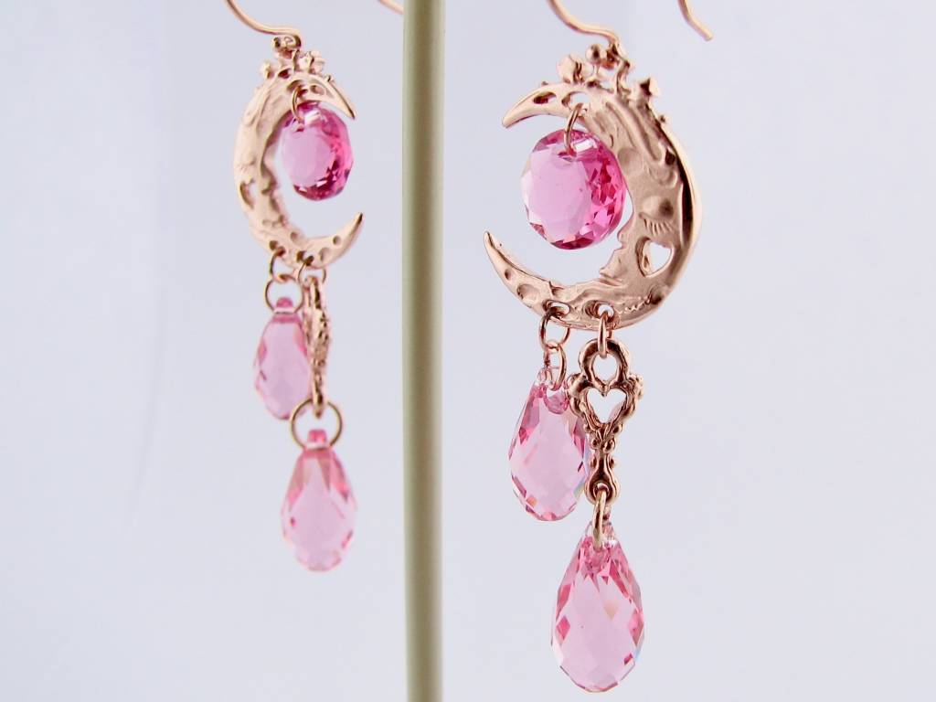 Rose Gold Crystal Dangle Earrings, Pink Moon