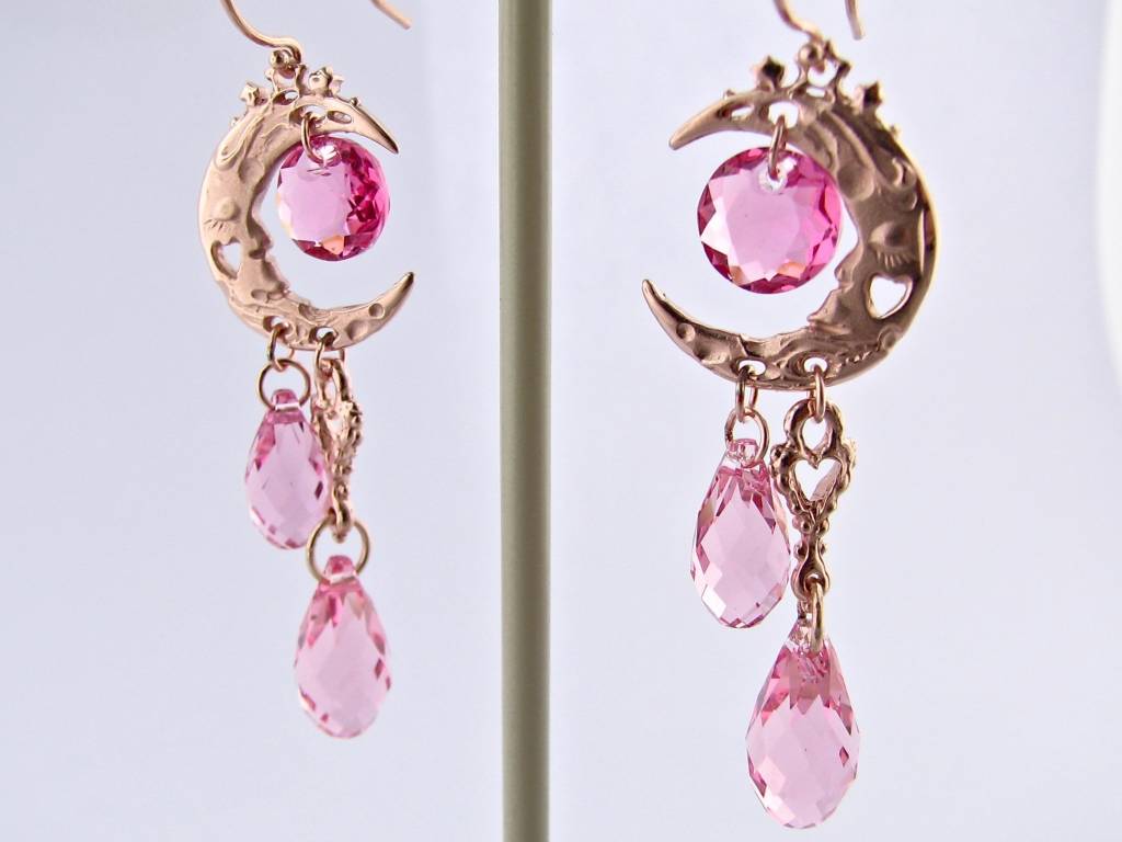 Rose Gold Crystal Dangle Earrings, Pink Moon