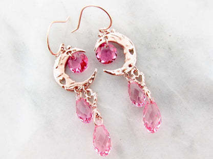 Rose Gold Crystal Dangle Earrings, Pink Moon