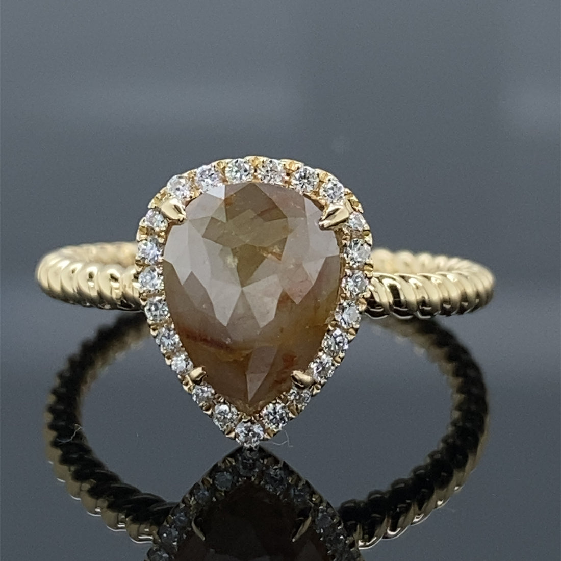 1.88ct Silvery Butterscotch Rough Rose Cut Pear Diamond Halo Engagement Ring 14k Yellow Gold