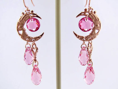 Rose Gold Crystal Dangle Earrings, Pink Moon