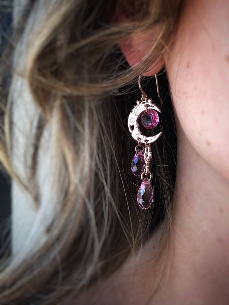 Rose Gold Crystal Dangle Earrings, Pink Moon