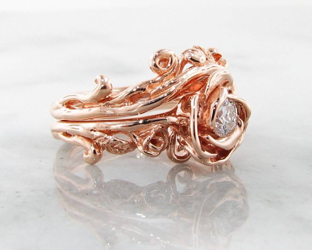 Rose Gold Diamond Wedding Ring Set, Rose Garland