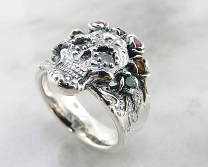 Silver Multi Gemstone Ring, Sugar Skull Calavera Crown