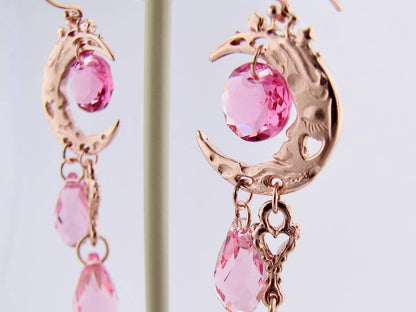 Rose Gold Crystal Dangle Earrings, Pink Moon