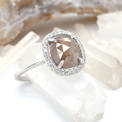 2.18CT Sunstruck Rough Rose Cut Diamond Halo Engagement Ring 14k White Gold 2.35ct Total Diamond Weight