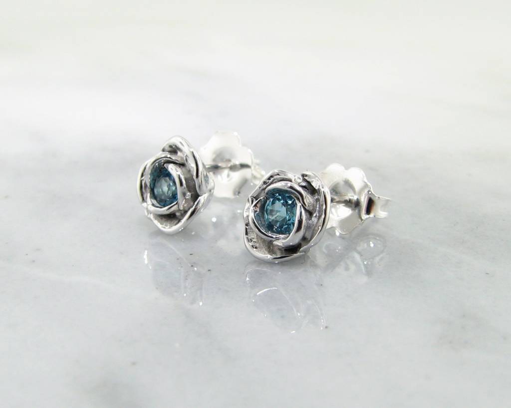 Silver Petite Rosebud Earring Studs Swiss Blue Topaz