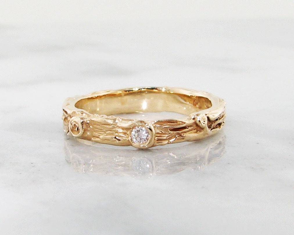 Birch and Diamond Band 14k Yellow Gold Low Profile