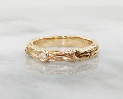 Birch and Diamond Band 14k Yellow Gold Low Profile